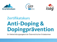 Grafik zeigt das Logo und einen kurzen Beschreibungstext zum Zertifikatskurs Doping & Dopingprävention